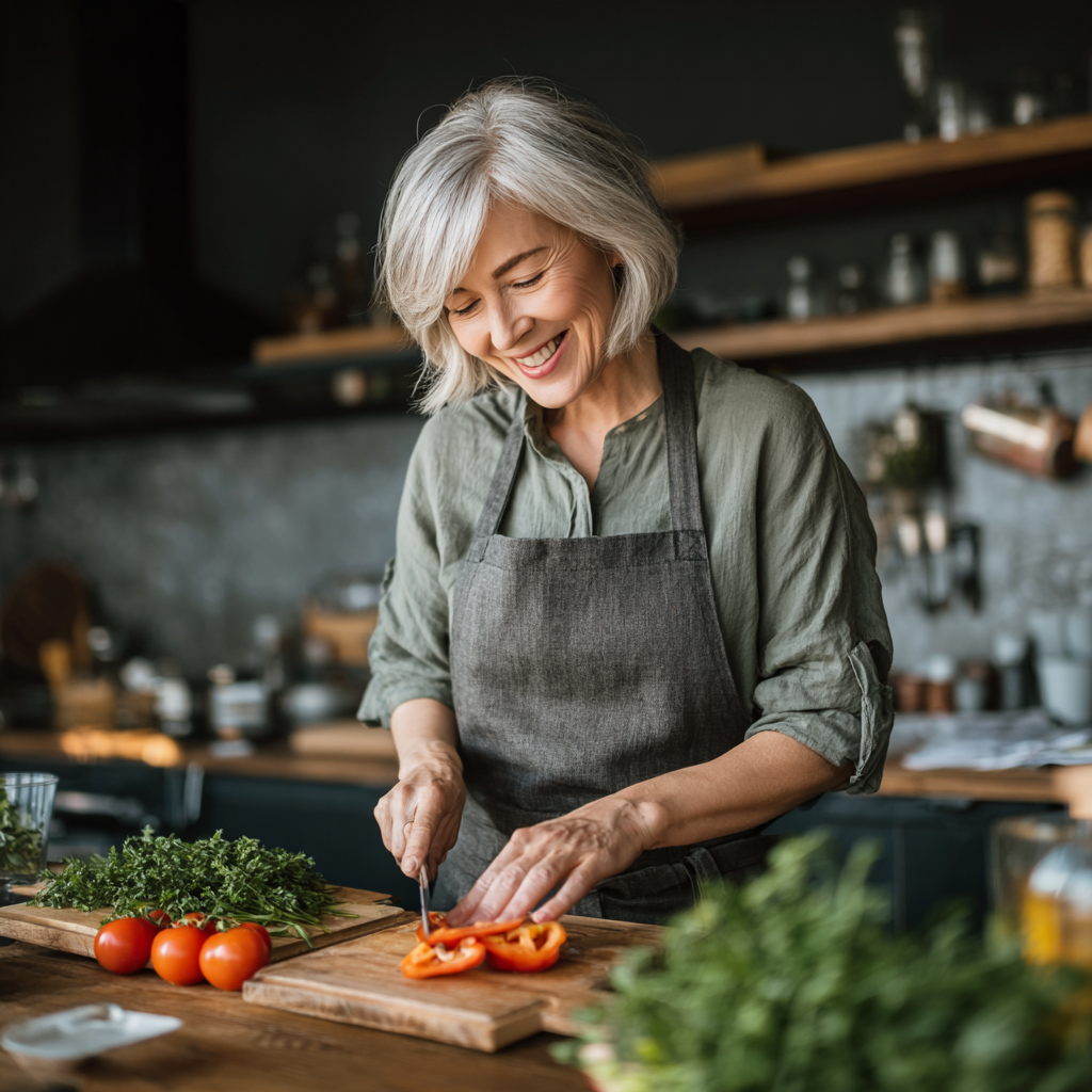 Smiling middle-aged Ukrainian woman preparing healthy vegetables in a modern kitchen, showing natural joy and energy while cooking nutritious meal